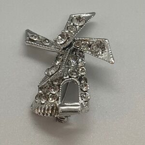 Windmill Brooch Silver Tone Clear Rhinestone Vintage Style Dutch Novelty
